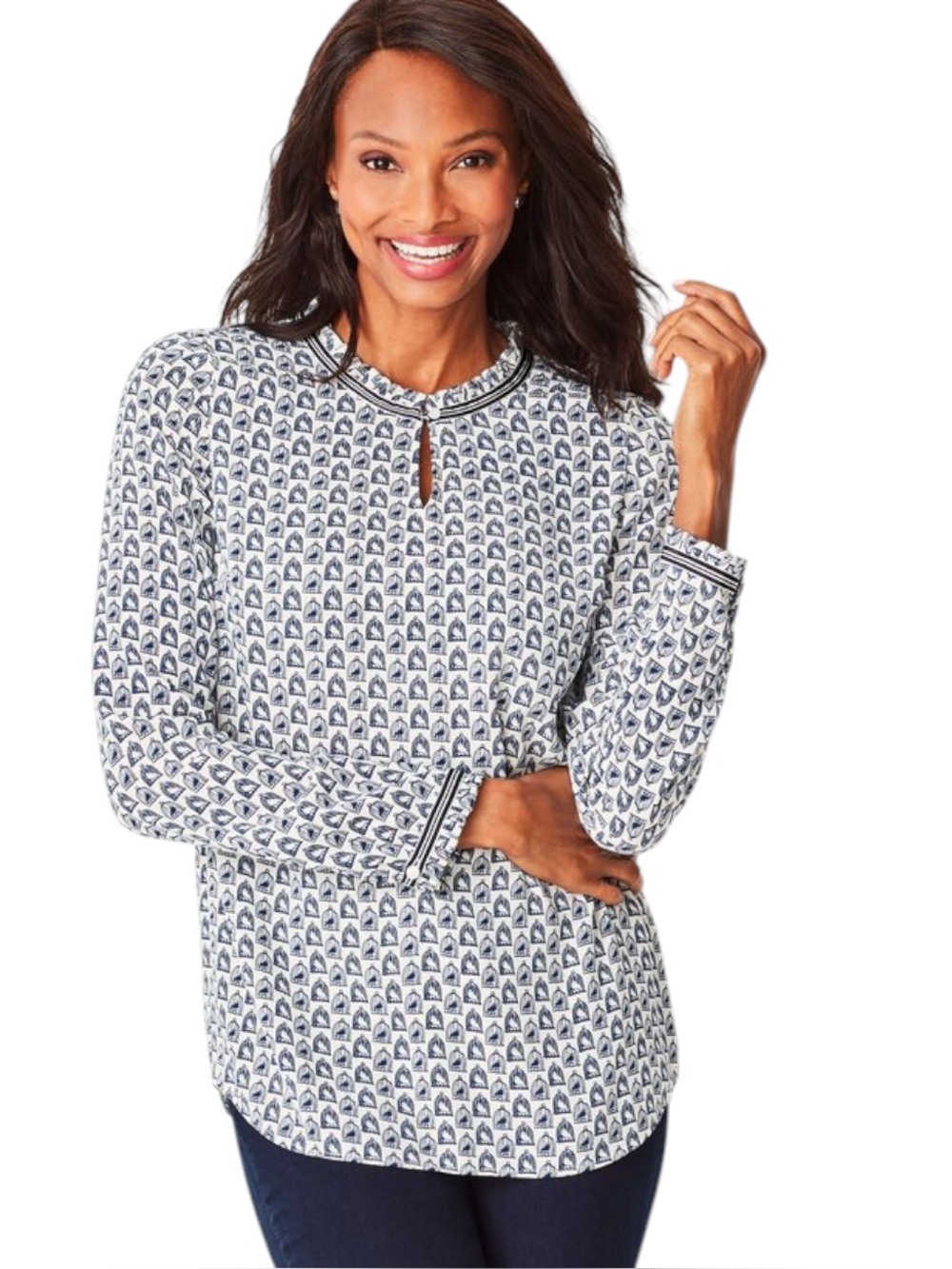 Talbots Blue and White Bird Cage Print Long Sleeve Blouse